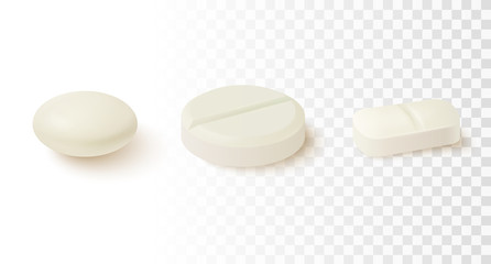 Collection of oval, round and capsule shaped tablets. Realistic vector Medicine and drugs.