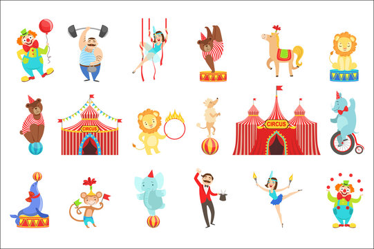 Circus Related Objects And Characters Set. Cute Cartoon Childish Style Illustrations Isolated