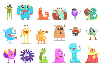 Monsters Having Fun At The Party. Funky Creatures Colorful Characters With Party Attributes