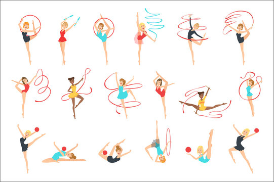 Rhythmic Gymnasts Training With Different Apparatus Set Of Flat Simplified Childish Style Cute Vector Illustrations Isolated