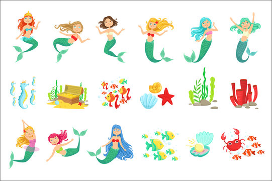 Mermaids And Underwater Nature Stickers. Cute Cartoon Childish Style Illustrations Isolated