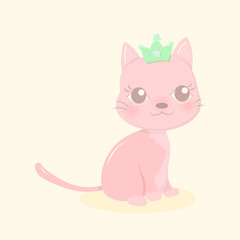 Cute pink little cat with green crown in yellow background. Pastel color concept. Cartoon vector illustration.