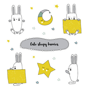 Vector set of hand drawn isolated elements, sleepy bunny in different positions.