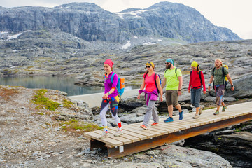 Group of five hikers men and woman in colorful bright sportswear walking with backpacks and...