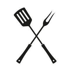 BBQ and grill tools icon. Barbecue utensil. Crossed spatula with fork. Vector illustration.