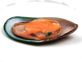 A fresh mussel with orange meat isolated on white