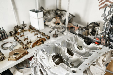 The internal combustion engine, disassembled, repair at car service, overhaul. Repair at car...