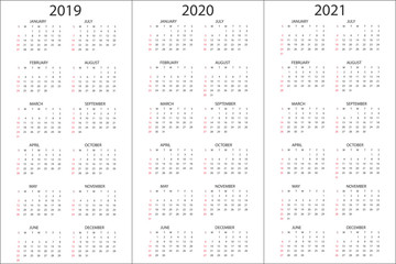 Set of Calendars 2019, 2020, 2021 years, simple design template, vertical format, week starts on Sunday