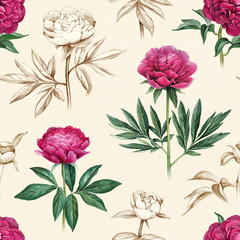 Illustrations of peony flowers. Seamless pattern