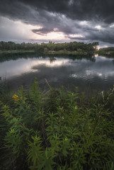 Dramatic Sky Sunset over the Lake with Plants