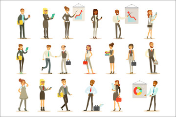 Fototapeta na wymiar Business, Finance And Office Employees In Suits Busy At Work Set Of Cartoon Businessman And Businesswoman Characters Illustrations