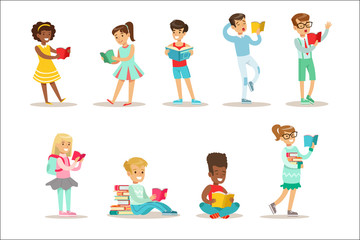 Fototapeta premium Children Who Love To Read Set Of Illustrations With Kids Enjoying Reading Books At Home And In The Library