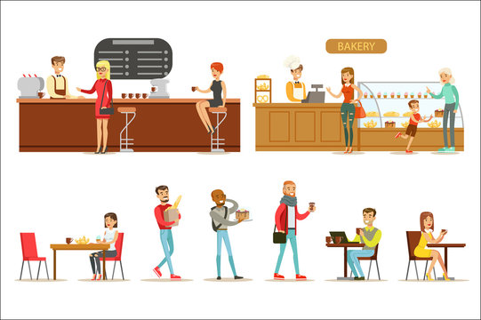 Interior Design And Happy Clients Of A Coffee Shop Set Illustrations