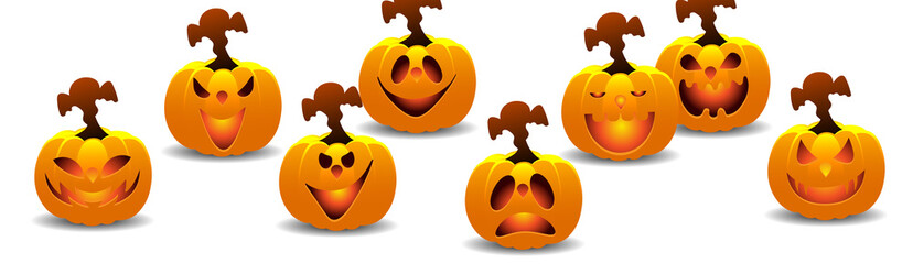 Halloween pumpkin head banner with different expressions vector design.