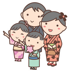 浴衣を着た家族のイラスト