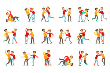 Naklejka premium Two Boys Fist Fight Positions, Aggressive Bully In Long Sleeve Red Top Fighting Another Kid Who Is Weaker But Is Fighting Back