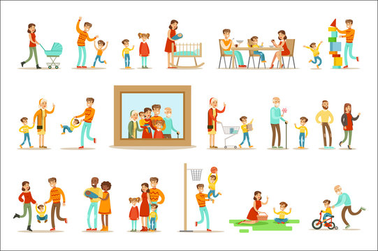 Happy Family Doing Things Together Illustration Surrounding Big Portrait Picture