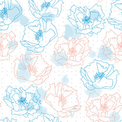 Poppy flowers on abstract watercolor splashes background. Floral vector seamless pattern with hand drawn  flowers.