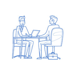 Job interview, job search, business meeting, business plan, men talking while sitting at the table. Thin Line. 