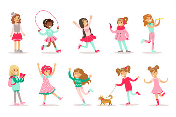 Fototapeta premium Happy And Their Expected Classic Behavior With Girly Games Pink Dresses Set Of Traditional Female Kid Role Illustrations