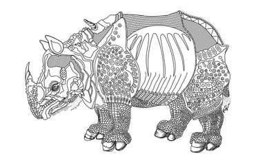 Rhinoceros in armor. Vector black and white illustration of a ritual combat rhino.