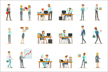 Happy Office Workers And Managers Working In The Office Space On Their Desks And Performing Other Tasks Set Of Illustrations