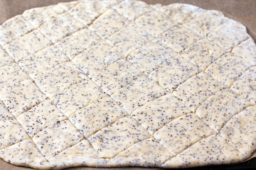 Cookies with poppy seeds on a baking sheet for baking