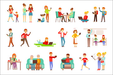 People Being Obsessed With Gadgets Set Of Illustrations