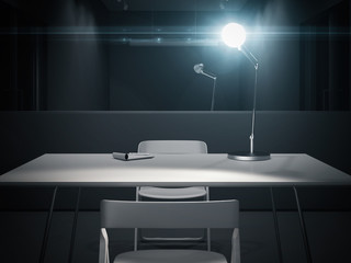 Fototapeta Dark interrogation room with switched-on lamp, 3d rendering. obraz