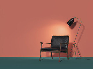 Black chair next to light red wall and lamp, 3d rendering