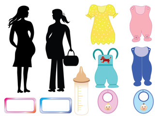 Pregnant women and clothing for babies. Illustration of the silhouettes of motherhood and sets infant outfits. Vector format.