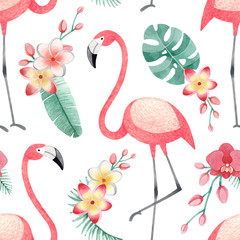 Fototapeta premium Watercolor illustrations of flamingos, tropical flowers and leaves. Seamless tropical pattern