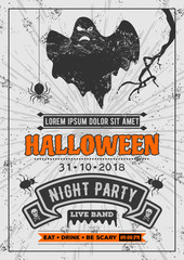 Halloween party poster, banner with flying ghost. Vector illustration.