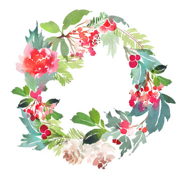 Christmas wreath watercolor postcard.