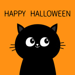 Happy Halloween. Black cat sitting silhouette. Cute cartoon character. Pet baby collection Greeting card. Flat design. Orange background.
