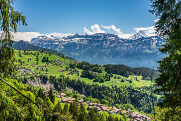 Switzerland, Beatenberg village and Alps view 