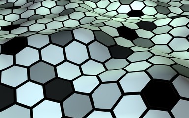 Honeycomb with a gradient color. Perspective view on polygon look like honeycomb. Wavy surface. Isometric geometry. 3D illustration