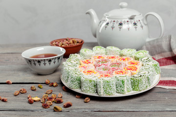Turkish delight on a wooden table.