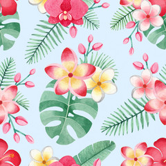 Watercolor illustrations of tropical flowers and leaves. Seamless tropical pattern