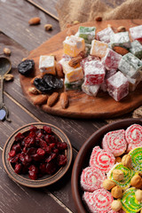 Turkish delight on a wooden table.