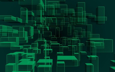 Obraz premium Green and dark abstract digital and technology background. The pattern with repeating rectangles. 3D illustration