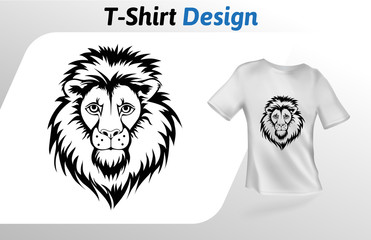 Tattoo stylized lion head t-shirt print. Black and white mock up t-shirt design template. Vector template, isolated on white background.