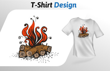 Cartoon bonfire flat t-shirt print. Colorful mock up t-shirt design template. Vector template, isolated on white background.