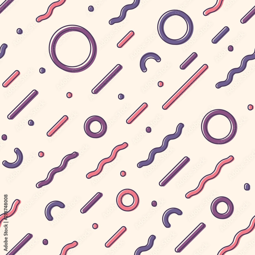 Poster Diagonal seamless pattern with squiggles or rings, curved lines and dots on light background. Cool vector illustration in retro 1990s style for wrapping paper, wallpaper, fabric print, backdrop.