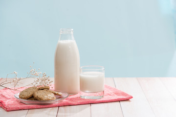 Dairy products. Pastry organic breakfast with milk and cookies.