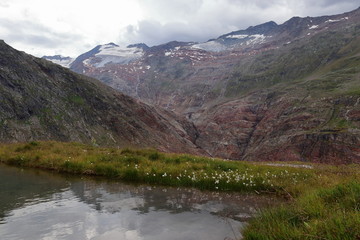 High mountains covered by glaciers in summer. Wilderness and upland moor near Obergurgl, Oetztal in Tyrol, Austria.