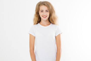 Young caucasian blonde girl isolated on white background. Copy space. Mock up. Summer woman clothes blank template white t shirt. Perfect skin. Skincare and makeup concept.