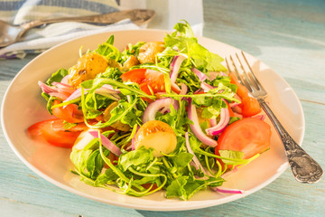German food - a traditional vegetarian salad with potatoes, tomatoes, onions and arugula
