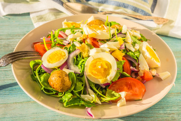 German food - vegetable salad with boiled egg on plate on rustic background