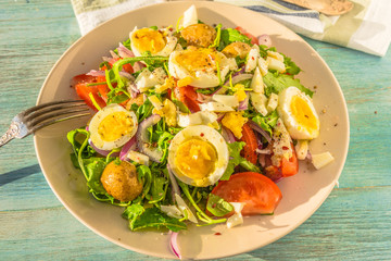 German food - vegetable salad with boiled egg on plate on rustic background